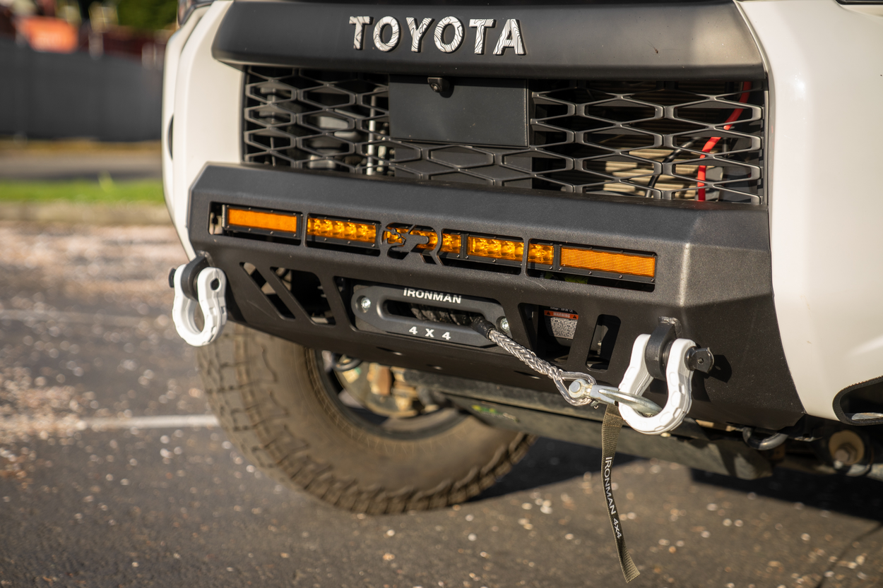 Cali Raised Stealth Bumper with Diode Dynamics 30" Light Bar in Amber and Ironman 4x4 Winch with Synthetic Cable 